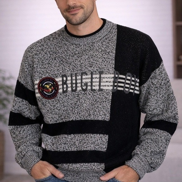Bugle Boy Other - Vintage Bugle Boy Sweater 80s Spell Out Gray Black Block Patch Size Small